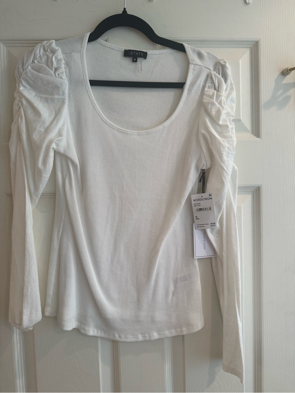 STATE White Ruched Shoulder Ribbed Long-Sleeve Top